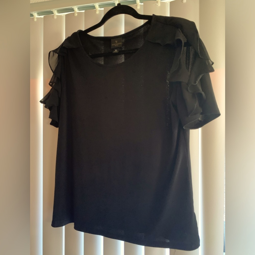 Worthington (petite) - L - Ruffled Cold-shoulder, half-sleeve blouse in black.